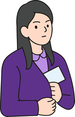 vector illustration of a dishonest woman secretly hiding an envelope in her inner pocket