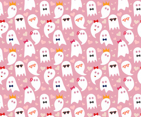 Obraz premium Seamless pattern with cute, funny, ghosts and hearts. Background, wallpaper for Valentine's day and Halloween party with hand drawn illustration.