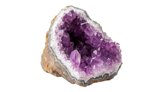 Sparkling amethyst geode with purple crystals on a transparent background.