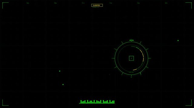 A military heads up display appears on screen showing radar signals, targeting information, and classified data. The design features various digital elements in a sci fi style.