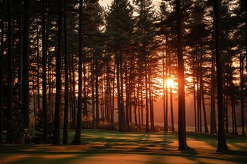 Obraz premium Golden sunset light filters through tall forest trees over green grass. Perfect for nature, golf, tranquility, or serene landscape themes.