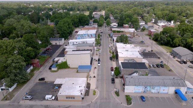 Leslie, Michigan downtown with drone video moving in.
