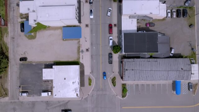 Leslie, Michigan downtown with drone video moving overhead.