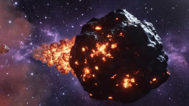 Fiery asteroid explodes in deep space with nebula and stars