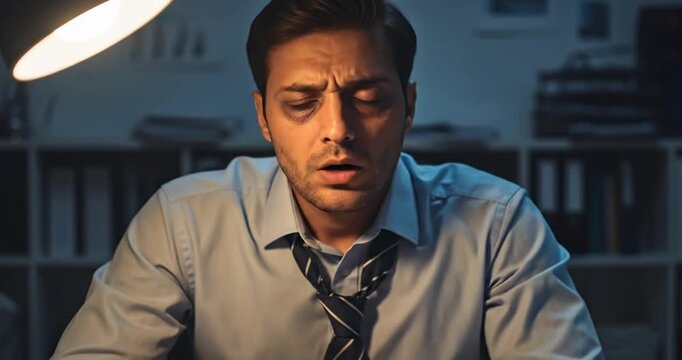 Stressed businessman in a dimly lit office, overwhelmed by paperwork and deadlines