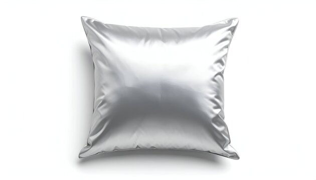 Silvery square pillow on white background, slightly rumpled, well-lit, showing gentle shadows