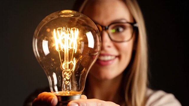 Woman holding a glowing light bulb with the word GRAND inside, symbolizing a brilliant idea or innovation from a close-up viewpoint