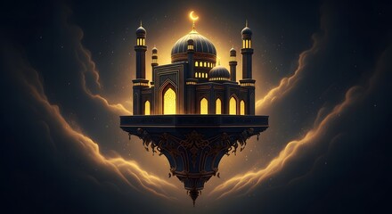 Night silhouette of a mosque and church with illuminated architecture featuring a dome and cathedral tower against a dark city sky vector illustration
