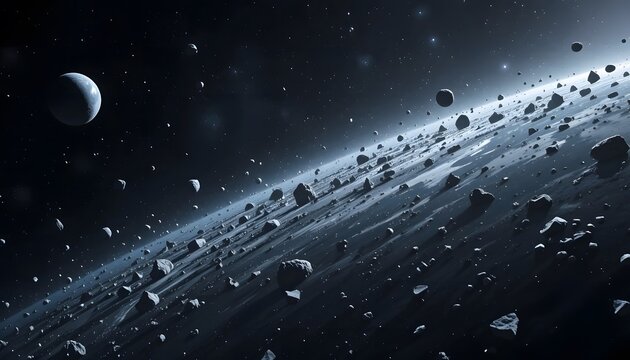 Cosmic debris field with a distant celestial body and spacecraft in deep space. astroid belt