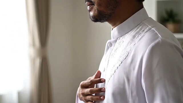 Side profile of a man adjusting his white modern tunic on a peaceful Eid morning. Soft window light highlights the fabric texture and serene minimalist aesthetic.