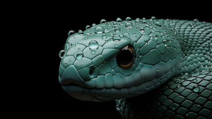 Fototapeta premium Realistic close-up of a green snake head with water droplets on its scales against a black background, highlighting texture detail, wildlife beauty, and a mysterious reptile mood.