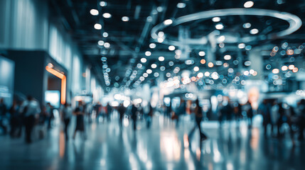 Fototapeta premium A blurred image of people engaged in a busy exhibition or trade show, filled with bright lights and activity.