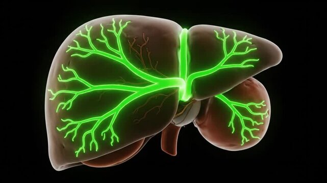 3D rendering of a human liver with glowing green internal structures, possibly representing the biliary tree or vascular system, on a black background.