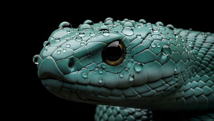 Fototapeta premium Realistic close-up of a green snake head with water droplets on its scales against a black background, highlighting texture detail, wildlife beauty, and a mysterious reptile mood.