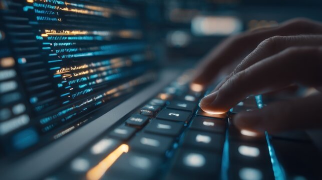 Hands typing on a glowing keyboard with programming code reflecting on screen
