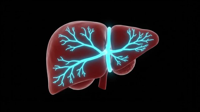 3D rendering of a human liver with glowing blue internal structures, illustrating its complex vascular or ductal system on a dark background.