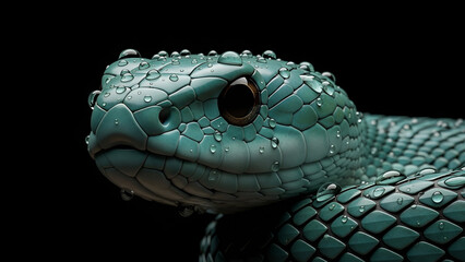 Obraz premium Realistic close-up of a green snake head with water droplets on its scales against a black background, highlighting texture detail, wildlife beauty, and a mysterious reptile mood.