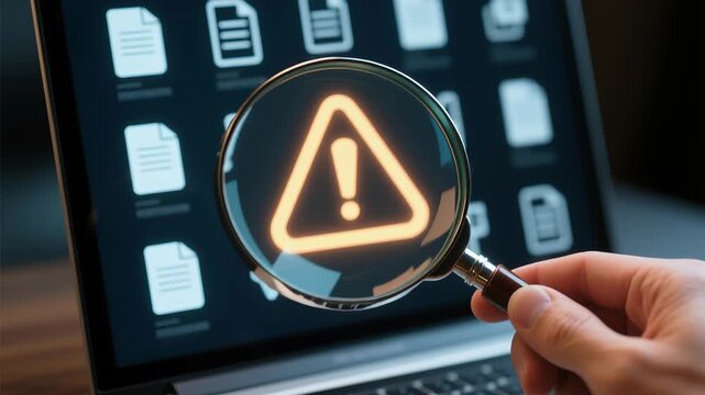 Data leakage protection identifies real time cybersecurity threat breach risks on laptop screen with AI magnifying glass alert icon securing real data from unauthorized access loss