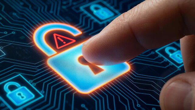 AI data leakage protection identifies real time cybersecurity threat breach risks with finger touching glowing unlocked padlock digital circuit board symbolizing data breach risks and cybersecurity