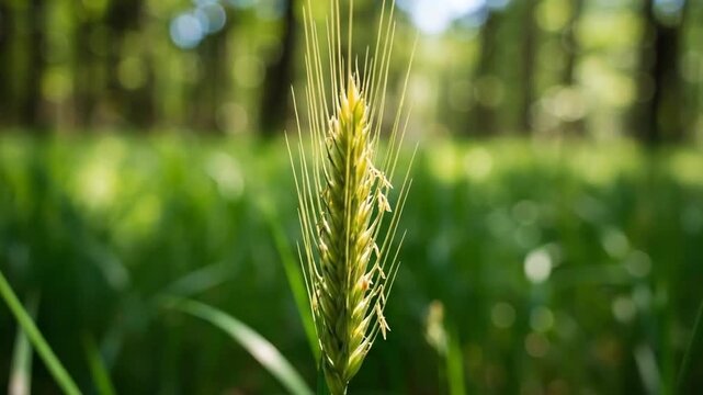 Close-up of a single wheat stalk standing tall in a field of green grass on a sunny day.