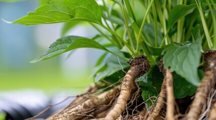 Obraz premium Close-Up of Green Plant Roots Emerging from Soil with Lush Green Leaves Visible in Natural Light Environment