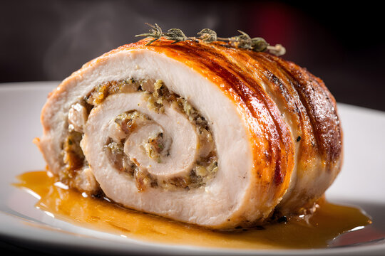Delicious Slice of Chicken Ballotine Isolated on White Background with Aromatic Herbs and Juicy Filling