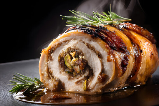 Deliciously Prepared Chicken Ballotine Slice Isolated on White Background with Fresh Herbs and Rich Sauce