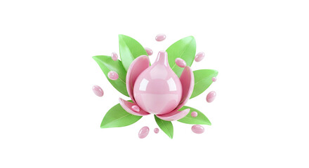 Obraz premium 3D Render of a Pink Lotus Flower with Green Leaves and Droplets