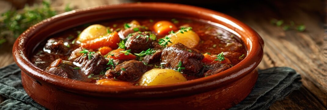 Beef bourguignon stew serving in terracotta bowl