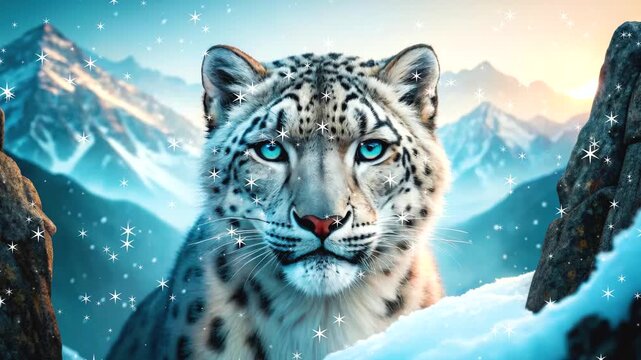 Snow leopard gazes at mountains with snow and sparkling light in the background