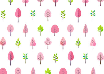 桜の木の背景　桜とピンクの花の木の手描き風イラスト　北欧風