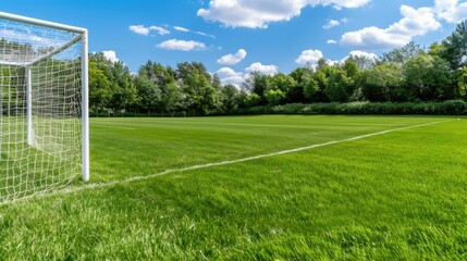 Serene Soccer Field Under Blue Sky with Fluffy Clouds and Lush Green Grass Perfect for Sports and Outdoor Activities