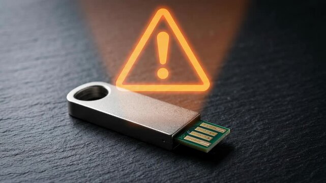 AI data protection identifies real time cybersecurity threat breach risk and data leakage on USB flash drive alert sign highlighting importance of secure data and breach prevention