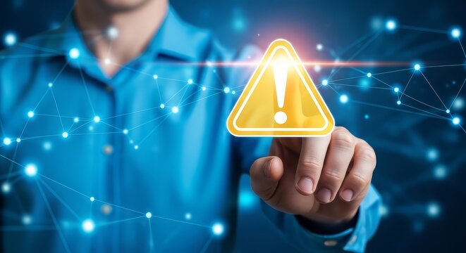 Man in blue shirt holds up warning sign with glowing exclamation mark amidst digital network connections