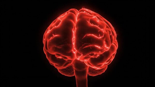 A glowing red human brain with visible lobes and brainstem against a dark black background, representing thought and neuroscience.