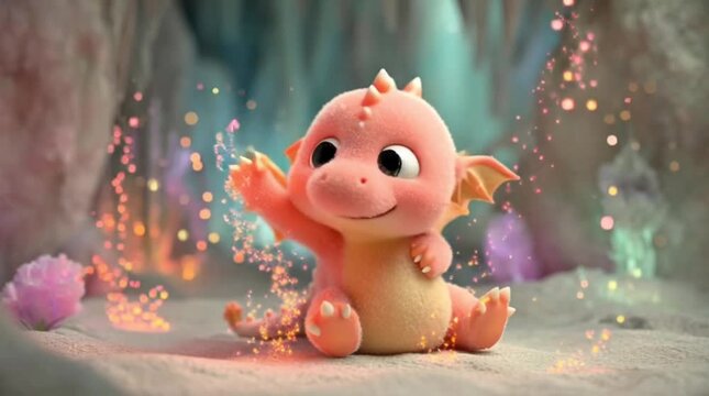 Adorable little cartoon dragon waving hello in a magical cave filled with sparkling dust and soft glowing crystals, a whimsical fantasy creature in a dreamlike setting