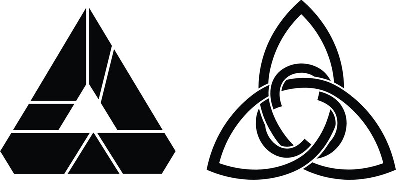 Abstract black geometric logo set with segmented triangle emblem and interlocking triquetra knot symbol for modern corporate branding