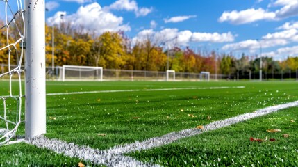 Lush Green Soccer Field Under Bright Sky with Goalpost and Colorful Autumn Foliage in Background