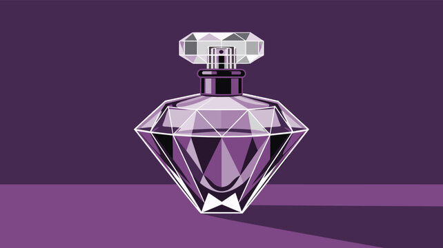 Purple diamond-shaped perfume bottle with a crystal cap sitting on a surface against a purple background representing luxury fragrance in vector illustration.