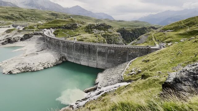 Montespluga Lake dam and waterfall landscape - 2022 drought in Italian Alps