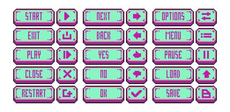Pixel art game menu button set in green and purple. Includes start, exit, options, and icons for play, save, and settings. Perfect for mobile or indie games with a soft retro aesthetic.