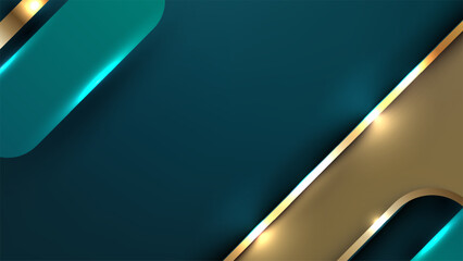 luxury blue and gold abstract geometric background with neon glowing edges and metallic layers