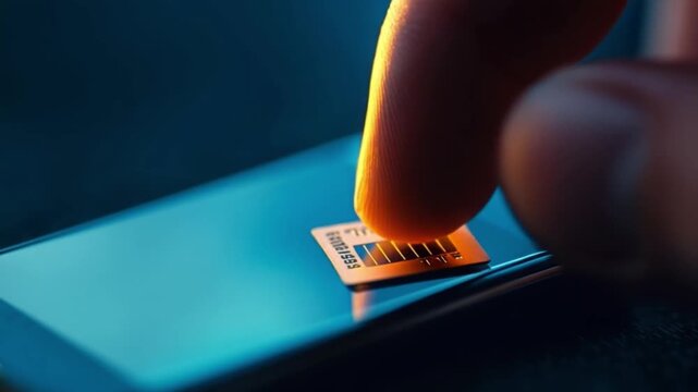 A close-up of a finger activating a smartphone chip. The seamless blend of technology and usability is captivating. Explore the future of digital interaction. Generative AI