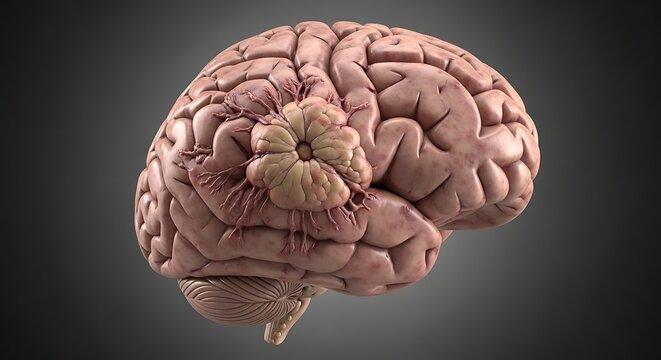 Detailed view of a human brain highlighting the cerebellum and cerebral cortex from a superior perspective