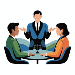 Fototapeta premium Legal mediator standing between two parties sitting at a table with scales of justice representing conflict resolution and negotiation.