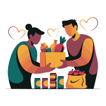 Two dedicated volunteers packing a donation box with fresh food items like bread and canned goods for a local charity community support distribution program.