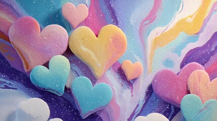 Fototapeta premium Abstract pastel background with soft colorful hearts, gentle romantic design, dreamy and whimsical shapes, artistic love theme, playful and serene mood for creative decoration
