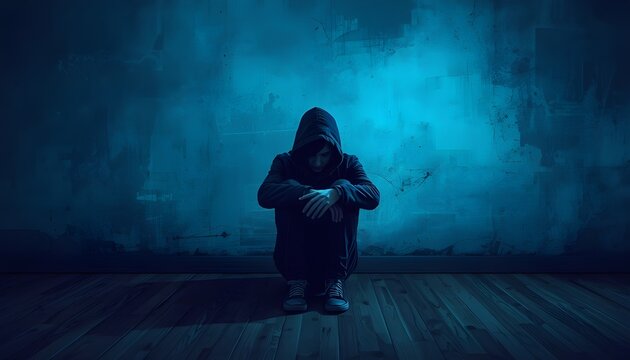 A person in a hoodie sits alone in a dark room with a blue glow