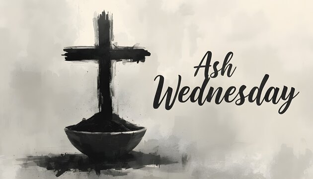 A solemn Ash Wednesday image featuring a cross and ash in a bowl