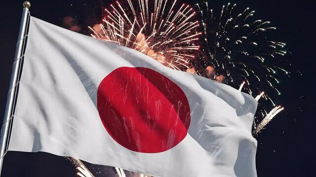 Japanese flag waving against vibrant fireworks display at night celebration event